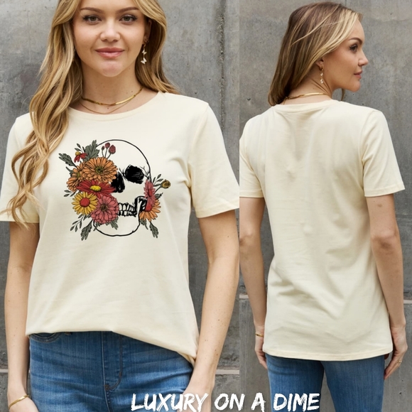 100% Cotton Bright Colorful Floral Skull Graphic Short-sleeve Tee Shirt Ivory - Picture 6 of 10